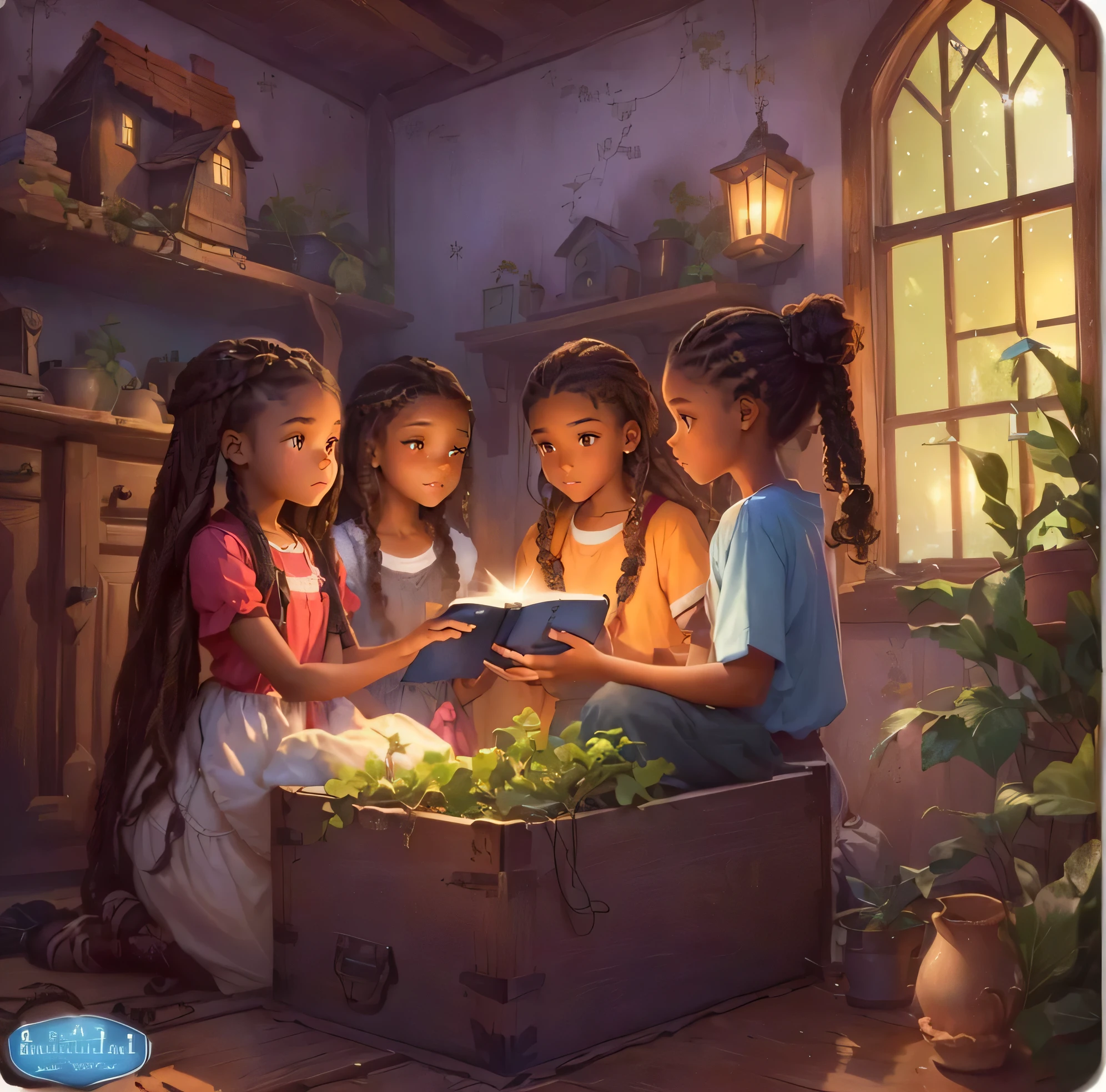Create a digital art scene featuring three children: one boy and two girls, standing next to each other in front of a charming house with an attic window glowing softly.
Boy ():Brown skin complexion,low cut fade hairstyle,brown eyes,holding a game controller.Not looking directly at the camera, he's glancing towards the house.
Girl (10 years olwn skin complexion.Brown eyes.Thick curly hair.Holding a journal.Not looking directly at the camera, gazing at her journal.
Girl (13 years old): dark brolexion, bown eyes, long brown box braids.
Standing in front of a mirror.Reflection in the mirror shows a gorilla.Not looking directly at the camera, she's admiring her reflection.
The characters should have distinct appearances and hairstyles. The background should prominently feature a charming house with an attic window glowing, adding a magical or mysterious touch to the scene.