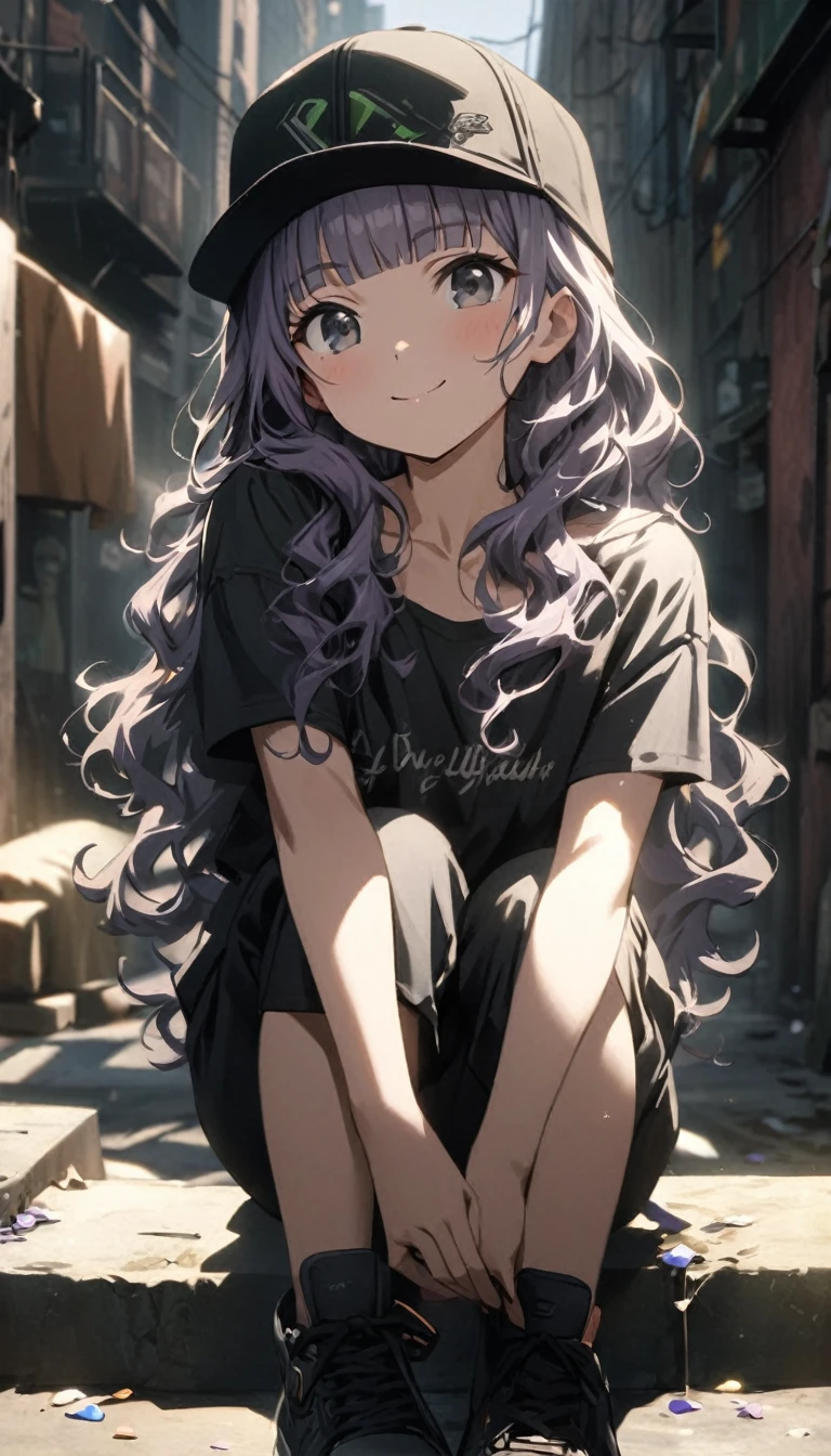 (Cute a girl:1.5), (masterpiece:1.3), anime visual, (Lovey-dovey:1.5), (tilt head:1.3), extremely delicate face, soft clean focus, realistic lighting and shading, (an extremely delicate and beautiful art:1.3), (muted colors:1.1),(a girl withlavender-colored wavy hair and blunt bangs hair and green and black eyes:1.4), Wearing black jumpsuit with top off, black wild bra, smiling at the camera, black baseball cap, black sneakers,
New York slums,