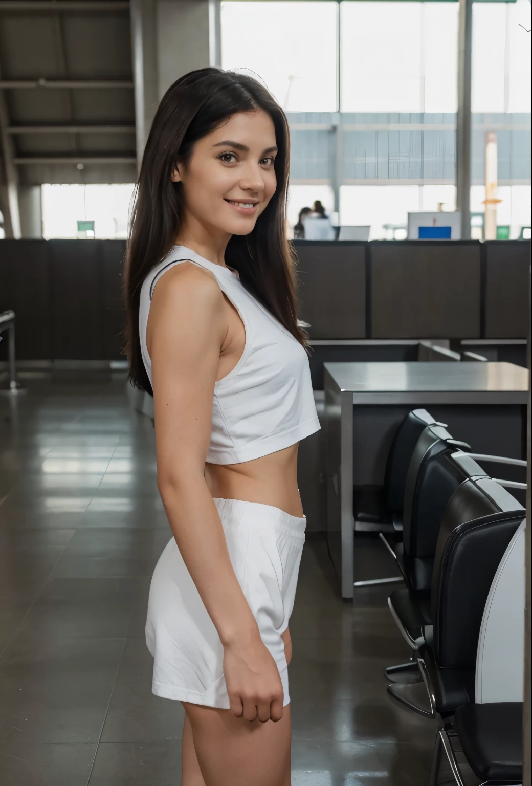 30 years old woman, natural beauty, fotorealistic, realistic proportions, full body view with head, legs and feet, dark eyes, very long dark hair, wearing very short and tight bicycle shorts and a black crop-top, white sneakers on her feet, seen from the left side, standing in the airport waiting area, cheerfully smiling into the camera.
