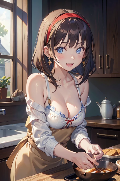 (dynamic angle:1.3, from front:1.1, breast focus:1.3, from below:1.2), (dynamic posing:1.5, sexy posing:1.3, leaning forward), (seductive smiling:1.3),masterpiece, 1girl, pointed chest:1.3,(double breasted:1.2,under bust:1.2), Amazing Cleavage:1.3, thin waist, big ass, Raised sexy, small breast: 1.2 posed cleavage:1.1, looking at viewer, open mouth, brown hair, blue eyes, bare shoulders, collarbone, sidelocks, hairband, sapphire earrings, indoors, red off shoulder sweater dress, arms behind back, short hair with long locks, blue gold hairband, big side hair, very long side hair is rendered in (masterpiece: 1.2, best quality), with (ultra high resolution) and an exquisite (depth of field). This masterpiece is not only visually stunning but also tells,A scene of cooking in the kitchen
