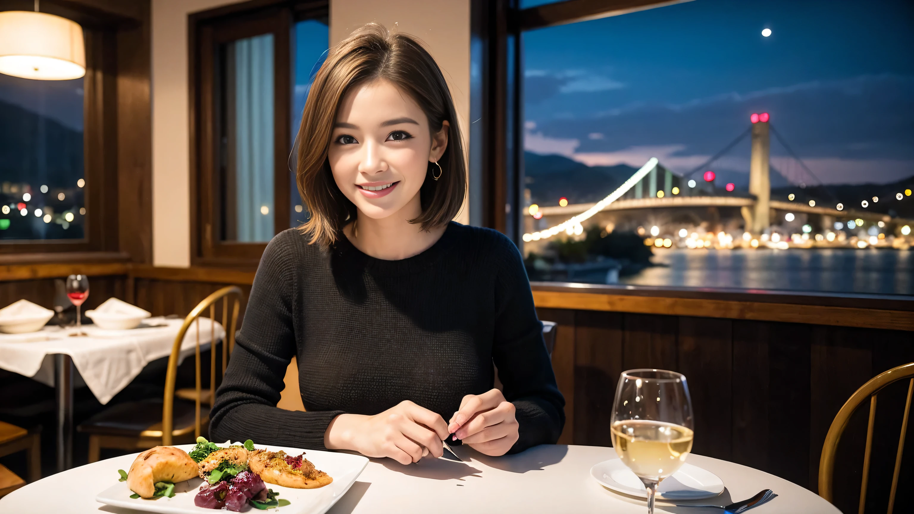 (highest quality、8k、masterpiece:1.3)、Beautiful woman with perfect figure:1.4、Dark brown hair、wine  、2 people、Knit dress、Highly detailed face and skin、fine grain、double eyelid、テーブルにWine Glass、Facial Lighting、 Amazing view of the sunset sky and clouds、Amazing mountain views、Laugh brightly、Smiling lovely woman、Bright image、The beauty of wine, Beautiful Face, blue eyes, Blushing, short hair,Bright Face、 (36 years old), 39 years old, Lady、Red wine 、Appetizers、Italian food、Wine Bottle、Champagne、Sparkling wine、Two beauties、Brown Hair、Shortcuts、Long sleeve shirt、dress、Pretty Woman 1, (Slim face), (The body is slim), (Brown Hair), (Shortcuts), cheeks turn a little red,Attractive beauty、, Out of the window, A beautiful and detailed night view unfolds.........., restaurant, In a prominent place (From the waist up) Nova Frog Style, actress, model, Upper Body, White wine, slim, Wine Glass, 