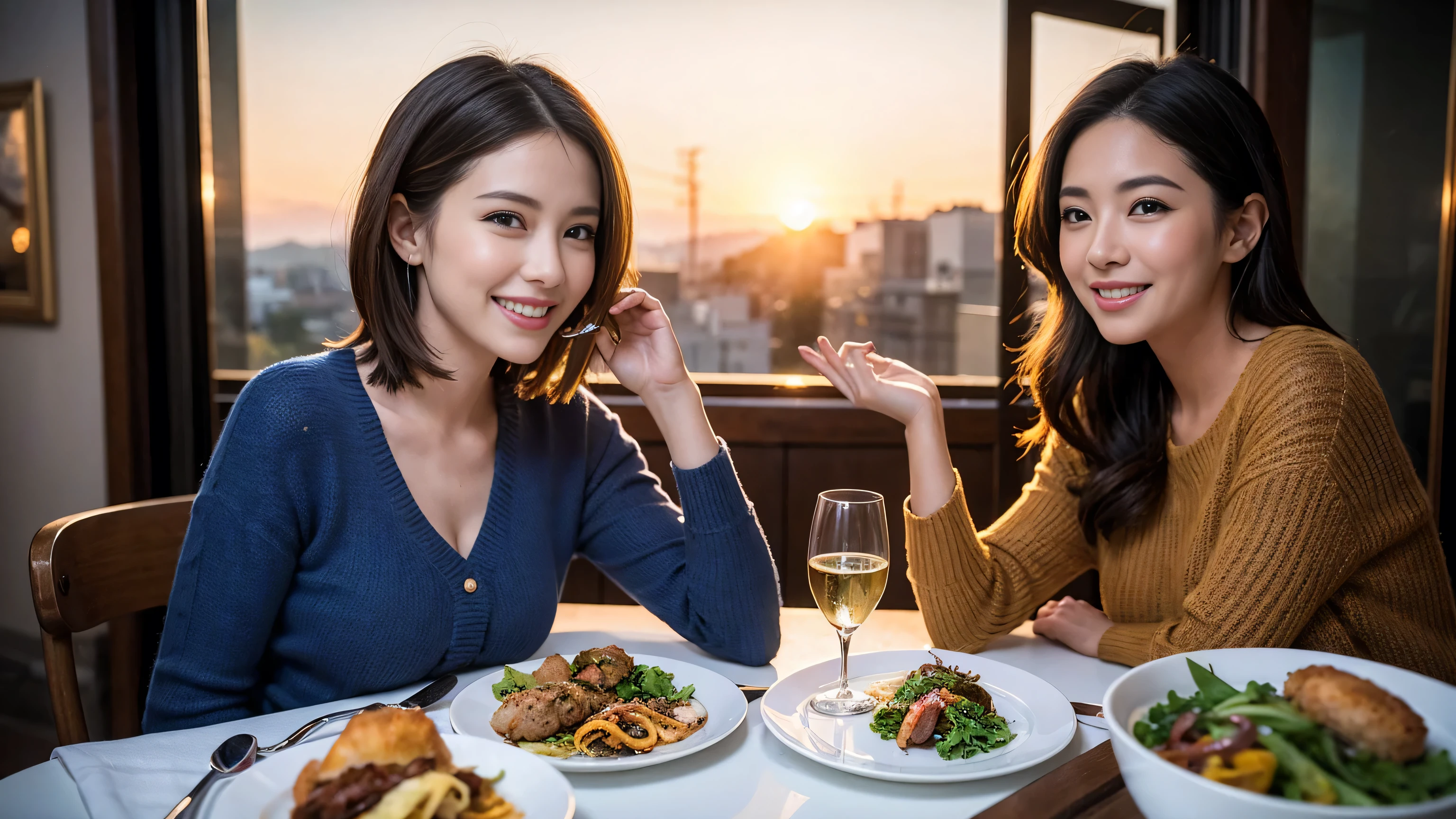 (highest quality、8k、masterpiece:1.3)、Beautiful woman with perfect figure:1.4、Dark brown hair、wine  、2 people、Knit dress、Highly detailed face and skin、fine grain、double eyelid、テーブルにWine Glass、Facial Lighting、 Amazing view of the sunset sky and clouds、Amazing mountain views、Laugh brightly、Smiling lovely woman、Bright image、The beauty of wine, Beautiful Face, blue eyes, Blushing, short hair,Bright Face、 (36 years old), 39 years old, Lady、Red wine 、Appetizers、Italian food、Wine Bottle、Champagne、Sparkling wine、Two beauties、Brown Hair、Shortcuts、Long sleeve shirt、dress、Pretty Woman 1, (Slim face), (The body is slim), (Brown Hair), (Shortcuts), cheeks turn a little red,Attractive beauty、, Out of the window, A beautiful and detailed night view unfolds.........., restaurant, In a prominent place (From the waist up) Nova Frog Style, actress, model, Upper Body, White wine, slim, Wine Glass, 