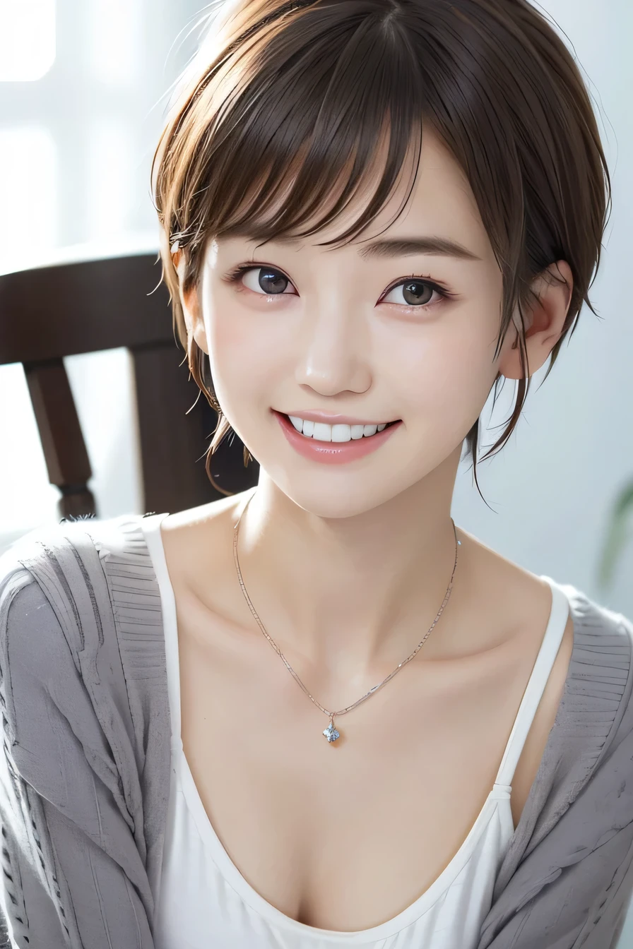 205 ((short hair)), 20-year-old female, In underwear、cardigan、Open your mouth、smile、Beautiful teeth alignment、Black Hair、ear piercing、Necklace around the neck、Looking into the camera, Waiting for the start