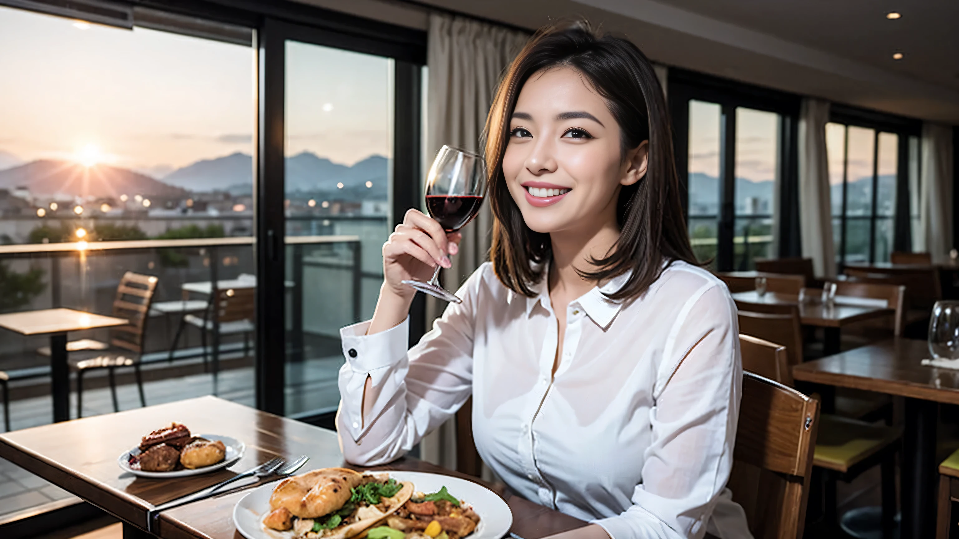 (highest quality、8k、masterpiece:1.3)、Beautiful woman with perfect figure:1.4、Dark brown hair、wine  、2 people、Knit dress、Highly detailed face and skin、fine grain、double eyelid、テーブルにWine Glass、Facial Lighting、 Amazing view of the sunset sky and clouds、Amazing mountain views、Laugh brightly、Smiling lovely woman、Bright image、The beauty of wine, Beautiful Face, blue eyes, Blushing, short hair,Bright Face、 (36 years old), 39 years old, Lady、Red wine 、Appetizers、Italian food、Wine Bottle、Champagne、Sparkling wine、Two beauties、Brown Hair、Shortcuts、Long sleeve shirt、dress、Pretty Woman 1, (Slim face), (The body is slim), (Brown Hair), (Shortcuts), cheeks turn a little red,Attractive beauty、, Out of the window, A beautiful and detailed night view unfolds.........., restaurant, In a prominent place (From the waist up) Nova Frog Style, actress, model, Upper Body, White wine, slim, Wine Glass, 