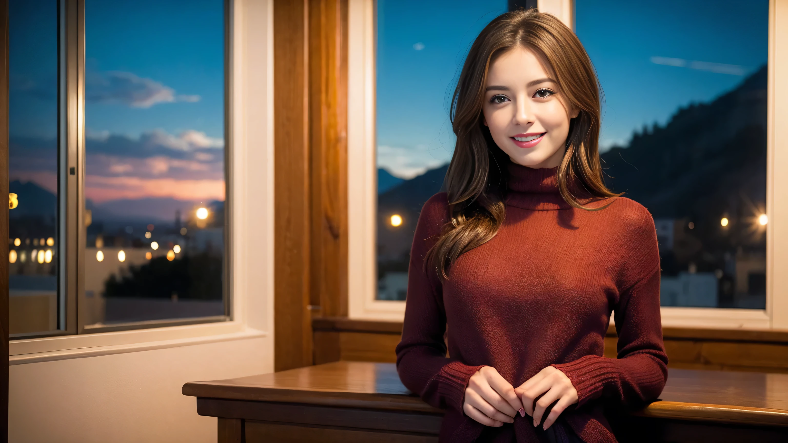(highest quality、8k、masterpiece:1.3)、Beautiful woman with perfect figure:1.4、Dark brown hair、wine  、2 people、Knit dress、Highly detailed face and skin、fine grain、double eyelid、テーブルにWine Glass、Facial Lighting、 Amazing view of the sunset sky and clouds、Amazing mountain views、Laugh brightly、Smiling lovely woman、Bright image、The beauty of wine, Beautiful Face, blue eyes, Blushing, short hair,Bright Face、 (36 years old), 39 years old, Lady、Red wine 、Appetizers、Italian food、Wine Bottle、Champagne、Sparkling wine、Two beauties、Brown Hair、Shortcuts、Long sleeve shirt、dress、Pretty Woman 1, (Slim face), (The body is slim), (Brown Hair), (Shortcuts), cheeks turn a little red,Attractive beauty、, Out of the window, A beautiful and detailed night view unfolds.........., restaurant, In a prominent place (From the waist up) Nova Frog Style, actress, model, Upper Body, White wine, slim, Wine Glass, 