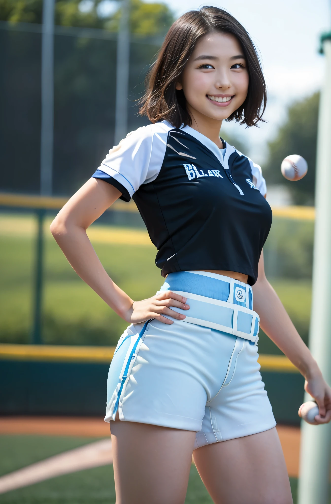 （8k、Raw photography、highest quality、masterpiece：1.2),(Black-haired、Very short hair:1.8),(ponytail:1.3)、View your audience,Viewed from the front,White skin,(high school girl、Light blue baseball uniform:1.7)、(Tight waist:1.6)、(Clothes that accentuate the shape of the breasts:1.0)、(Big Breasts :1.3)、Slim figure、Ultra-high resolution,beautiful,beautiful fece,(one person、No background:1.9),whole bodyボディー,Japanese women,（reality的：1.37）、Photon Mapping,reality、(-face cute: 1.4)、(Cute Smile: 1.8)、(Round face: 1.8)、Radio City、Physically Based Rendering、Depth of field rally background、photograph, (I can see your knees、Very short white shorts、Thigh close-up:1.8),（:1.4）,whole body、Great quality