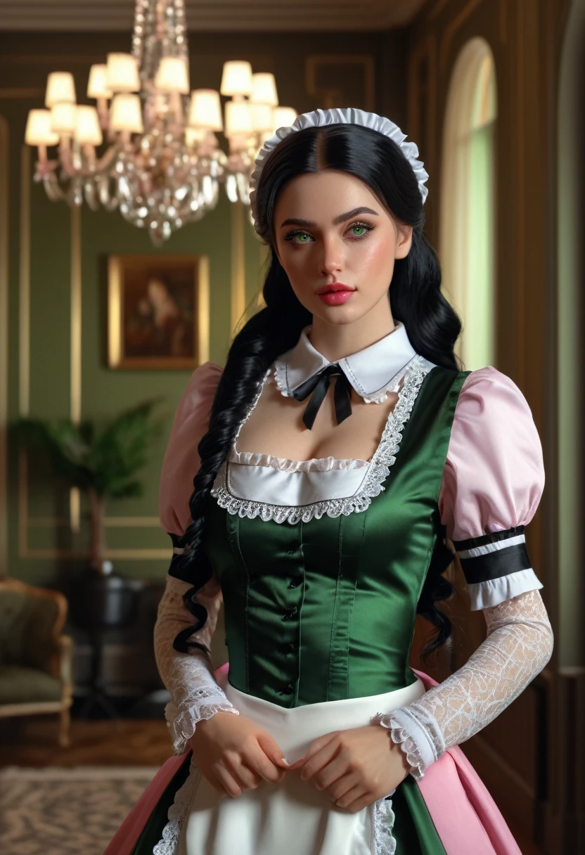 a beautiful maid in a classic french maid outfit, high quality, highly detailed, intricate details, realistic, cinematic lighting, porcelain skin, long black hair, big green eyes, small pink lips, elegant and refined, standing in a luxurious room interior, warm colors, chiaroscuro lighting, photorealistic, 8k, masterpiece