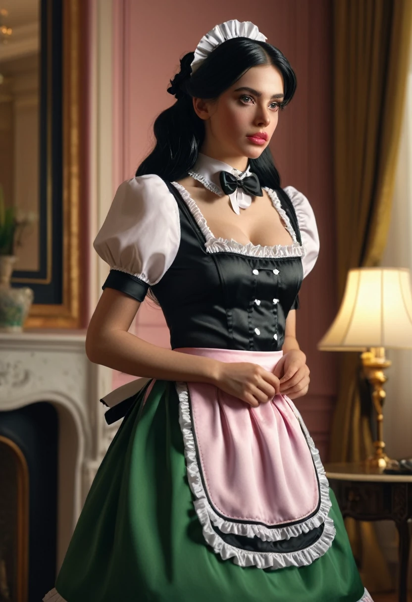 a beautiful maid in a classic french maid outfit, high quality, highly detailed, intricate details, realistic, cinematic lighting, porcelain skin, long black hair, big green eyes, small pink lips, elegant and refined, standing in a luxurious room interior, warm colors, chiaroscuro lighting, photorealistic, 8k, masterpiece