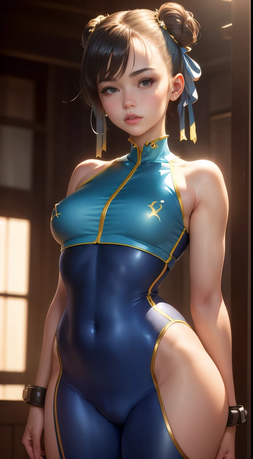 (Masterpiece, Best quality:1.4), (standing:1.5), 1girll, Solo, Shunfa Spring, blue tanktop, unitard, Blue pants, tightsuit, yellow ribbon, Short hair, Sneakers, Bare shoulders, (Young women in Europe:1), view the viewer, belo sorriso, Beautiful face, Highly detailed face, highly details eye, Subsurface scattering, Realistic pupils, full face blush, full pouty lips, Detailed background, Depth of field, voluminetric lighting, Sharp focus, absurderes, Realistic proportions, (Realistic, Hyperrealistic:1.4), 16K HD