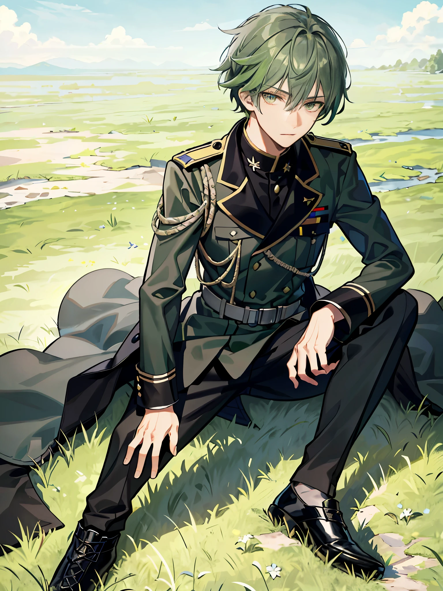 Wanderer, Handsome, Detailed face, detailed hairs, High quality, ((military uniform)), ((Grass green hair)), ((Gray Eyes)), Black-haired boy, full body