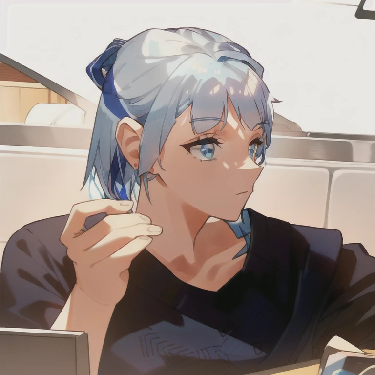 there is a woman with blue hair sitting at a table, blue hair, blue hairs, with blue hair, short blue haired woman, girl with blue hair, hair coloring, blue hairstyle, pretty girl with blue hair, messy blue hair, her hair is silver, short blue hair, turquoise hair, dark blue hair, long blue hair, beautiful blue haired girl