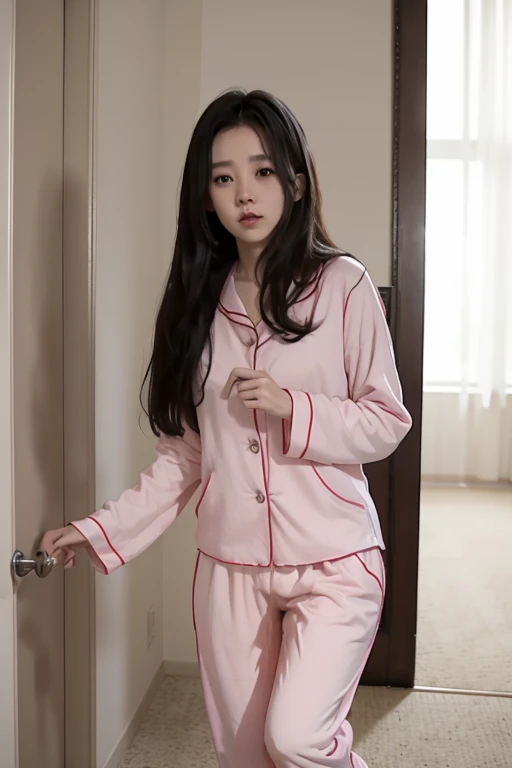 Chinese Girl thin body sees the ghost and pees her pink lose pajama pants until his pants are wet pants in fright.