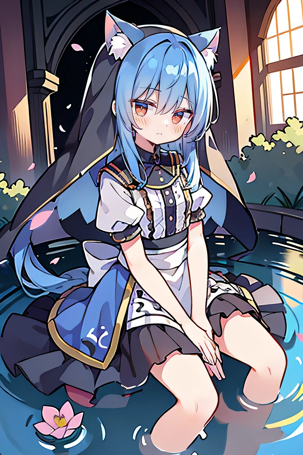 (masterpiece:1.2),Extremely detailed,Practical,expressive eyes,Fair skin,Perfect face shaping,1 Girl,
Japanese cartoons,Gorgeous blue hair, the long flowing blue hair,Floating clothes,Cat ears,Petals fall,beautiful lola,Young Angel,
Place your hands on your waist,sit elegantly on the ground,Cross your legs,Gentle and peaceful background,stately church,nun,lie on the water,Blackening,A look of disdain.