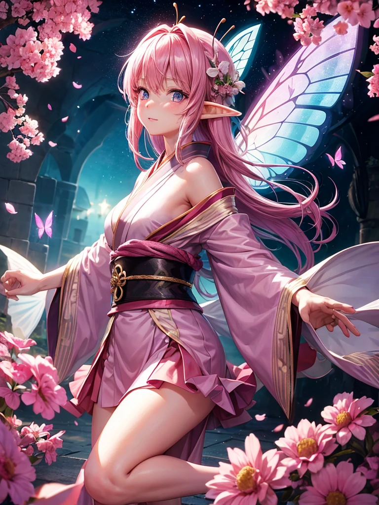 a girl，pink hair，Elf，kimono，Short skirt，Butterfly wings，Sexy，magic circle，combat moves，Rendering，best picture