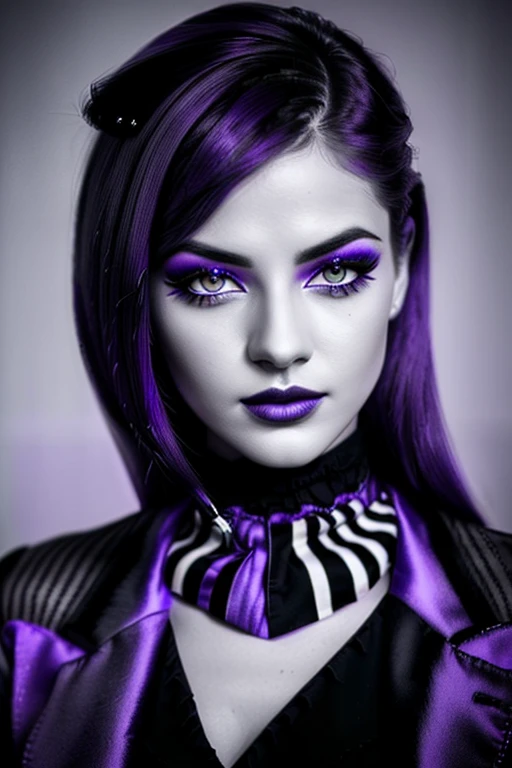 Very sexy girl, Alex Moins, Detailed lips, detailed eyes, detailed eyelash, detailed face, cheveux violet, visage de séduction, ((violet make-up)), photo du milieu du corps, ((porter un costume)),(( Une cravate violette, photo noir et blanc et violet, only black and white and purple photo)), (((photo noir et blanc et violet, only black and white and purple photo, purple only on iris and make-up and hair)))