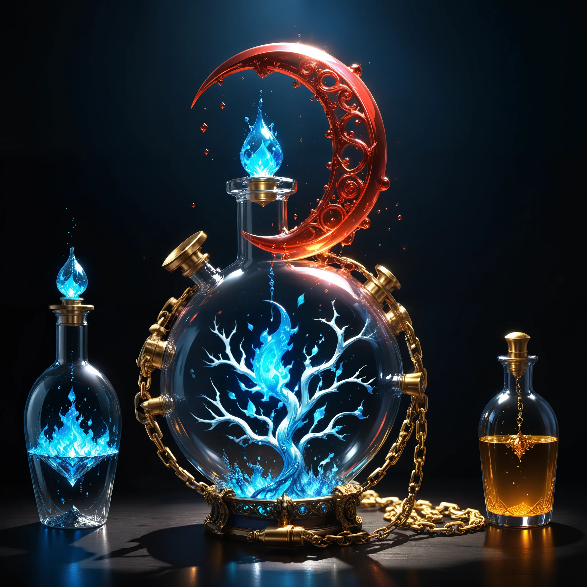 (in style of Ashley Wood:1.3),(in style of Nick Veasey:0.7),
conceptual design of the transparent glass human heart (organ),world of warcraft magic potion bottle concept design,golden potion glass bottle,water in a bottle,bubbles in water,(potion potion:1.5),entangle in a metal chain and lightning bolt:1.3,(chemiluminescence:1.2),(bottle loseup:1.4),the fluorescent liquid glows,(blue fire draws lines:1.6),(Chemiluminescence:1.2),
(the red crescent moon background:1.6),sharp,sharp image,(insanely detailed and intricate, hypermaximalist, elegant, ornate, hyper realistic, super detailed:1.1),extremely detailed,Amazing resolution,8k,Ray Tracing,masterpiece,Particle Effects,Beautiful Effects,(Rose Quartz color:1.3),
BREAK
(darkness:1.4),(extreme shadows:1.4),(Best Shadow:1.4),dark atmosphere,world of warcraft style,