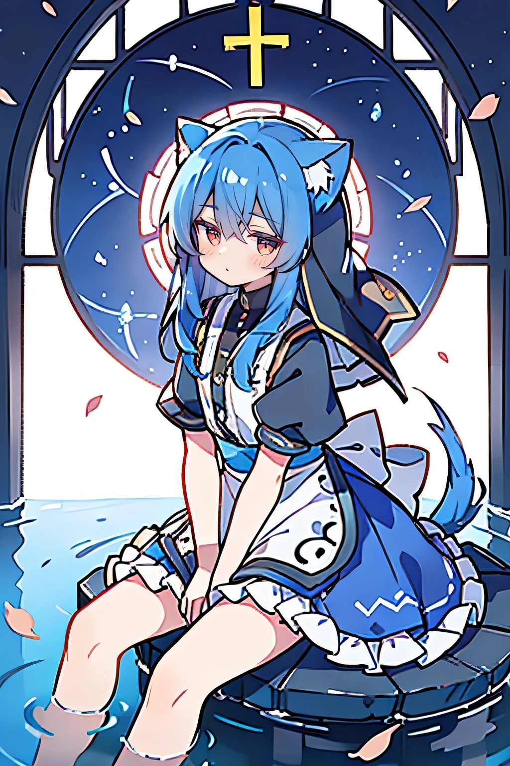 (masterpiece:1.2),Extremely detailed,Practical,expressive eyes,Fair skin,Perfect face shaping,1 Girl,
Japanese cartoons,Gorgeous blue hair, the long flowing blue hair,Floating clothes,Cat ears,Petals fall,beautiful lola,Young Angel,
Place your hands on your waist,sit elegantly on the ground,Cross your legs,Gentle and peaceful background,stately church,nun,lie on the water,Blackening,A look of disdain.