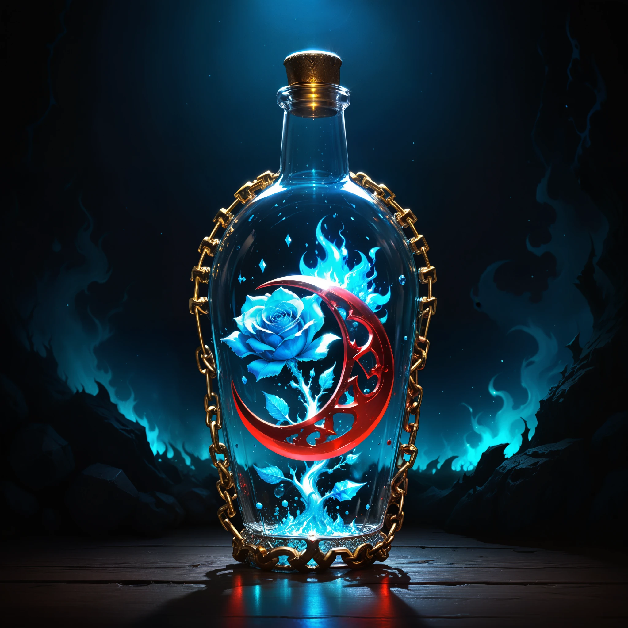 (in style of Ashley Wood:1.3),(in style of Nick Veasey:0.7),
conceptual design of the transparent glass human heart (organ),world of warcraft magic potion bottle concept design,golden potion glass bottle,water in a bottle,bubbles in water,(potion potion:1.5),entangle in a metal chain and lightning bolt:1.3,(chemiluminescence:1.2),(bottle loseup:1.4),the fluorescent liquid glows,(blue fire draws lines:1.6),(Chemiluminescence:1.2),
(the red crescent moon background:1.6),sharp,sharp image,(insanely detailed and intricate, hypermaximalist, elegant, ornate, hyper realistic, super detailed:1.1),extremely detailed,Amazing resolution,8k,Ray Tracing,masterpiece,Particle Effects,Beautiful Effects,(Rose Quartz color:1.3),
BREAK
(darkness:1.4),(extreme shadows:1.4),(Best Shadow:1.4),dark atmosphere,world of warcraft style,