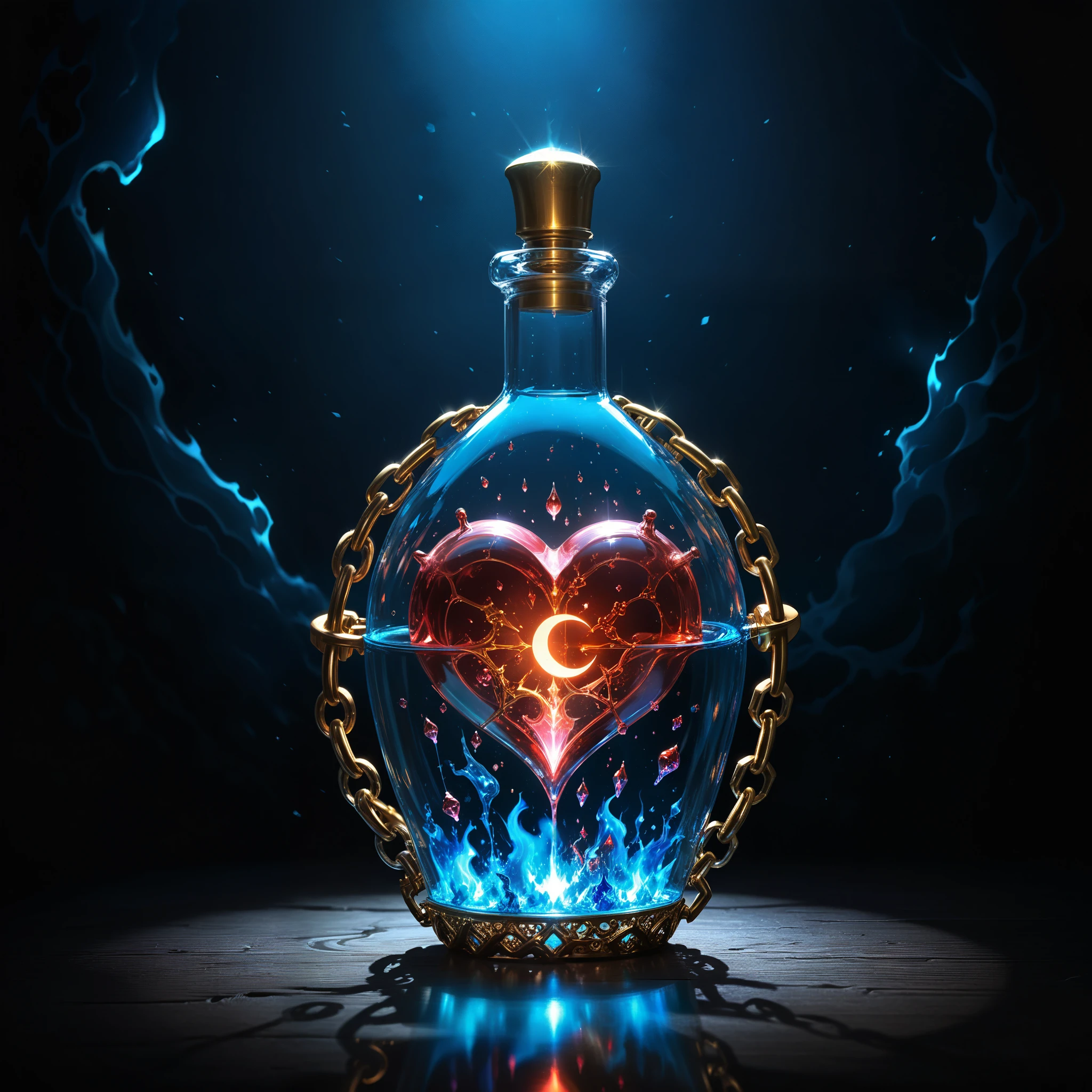 (in style of Ashley Wood:1.3),(in style of Nick Veasey:0.7),
conceptual design of the transparent glass human heart (organ),world of warcraft magic potion bottle concept design,golden potion glass bottle,water in a bottle,bubbles in water,(potion potion:1.5),entangle in a metal chain and lightning bolt:1.3,(chemiluminescence:1.2),(bottle loseup:1.4),the fluorescent liquid glows,(blue fire draws lines:1.6),(Chemiluminescence:1.2),
(the red crescent moon background:1.6),sharp,sharp image,(insanely detailed and intricate, hypermaximalist, elegant, ornate, hyper realistic, super detailed:1.1),extremely detailed,Amazing resolution,8k,Ray Tracing,masterpiece,Particle Effects,Beautiful Effects,(Rose Quartz color:1.3),
BREAK
(darkness:1.4),(extreme shadows:1.4),(Best Shadow:1.4),dark atmosphere,world of warcraft style,