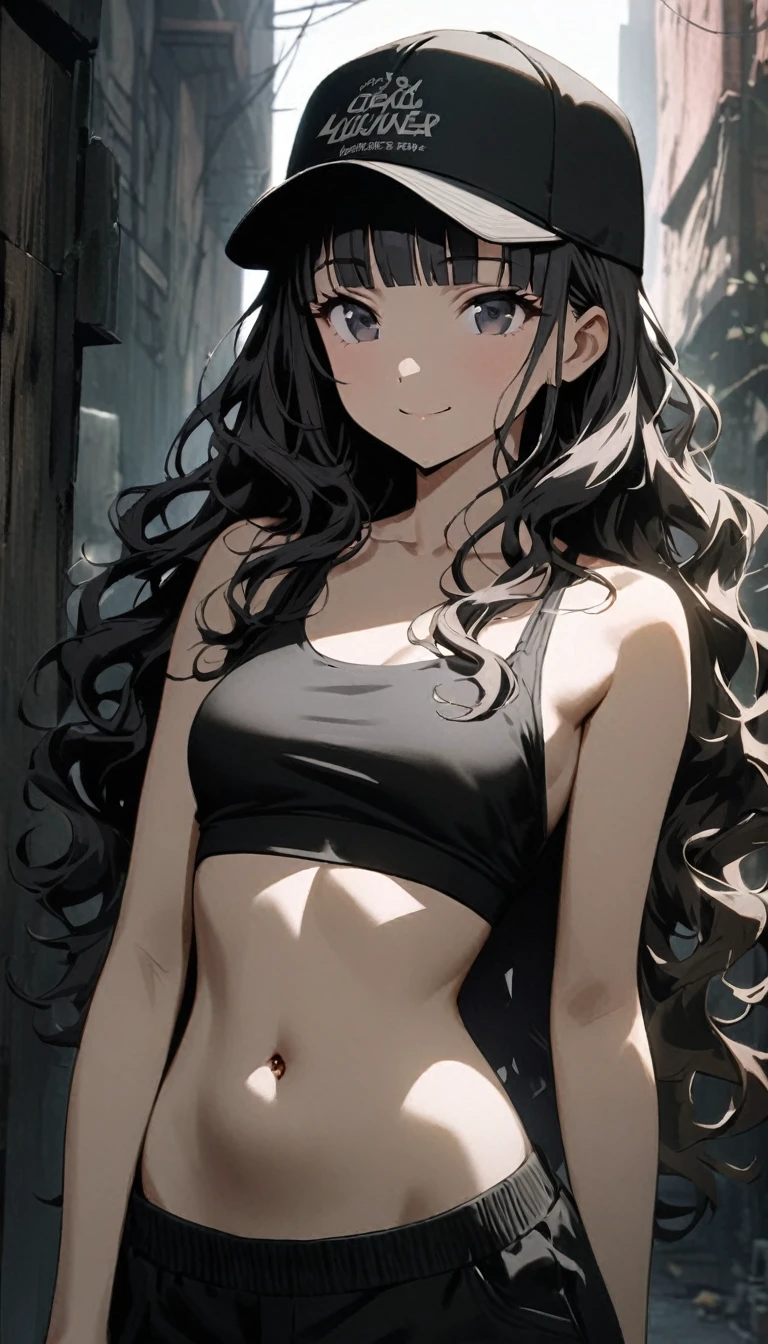 (Cute a girl:1.5), (masterpiece:1.3), anime visual, (Lovey-dovey:1.5), (tilt head:1.3), extremely delicate face, soft clean focus, realistic lighting and shading, (an extremely delicate and beautiful art:1.3), elegant, (muted colors:1.1),(a girl withlavender-colored wavy hair and blunt bangs hair and green and black eyes:1.4), Wearing black jumpsuit with top off, black sports bra, smiling at the camera, black baseball cap, black sneakers,
New York slums, belly button
