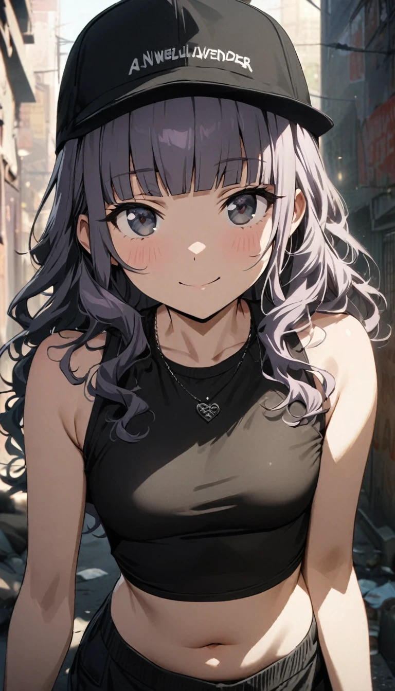 (Cute a girl:1.5), (masterpiece:1.3), anime visual, (Lovey-dovey:1.5), (tilt head:1.3), extremely delicate face, soft clean focus, realistic lighting and shading, (an extremely delicate and beautiful art:1.3), elegant, (muted colors:1.1),(a girl withlavender-colored wavy hair and blunt bangs hair and green and black eyes:1.4), Wearing black jumpsuit with top off, black sports bra, smiling at the camera, black baseball cap, black sneakers,
New York slums, belly button