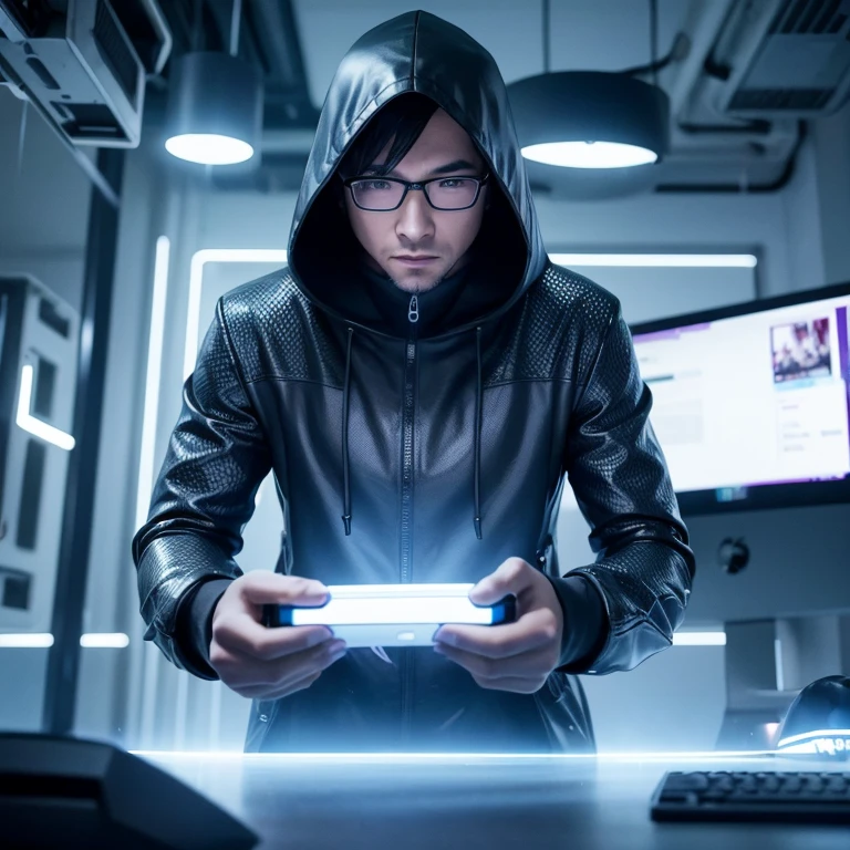 Captivating 3D rendering of the mysterious game character, Ridwandgprint, standing confidently in a futuristic, rain-drenched cityscape. Clad in a dark hooded cloak and wearing glasses, the character's mysterious presence contrasts with the high-tech surroundings. ridwandgprint's futuristic gaming setup features a sleek curved monitor, custom mechanical keyboard, and gaming mouse. The background features various glowing components and neon lights bearing the name 'Ridwandgprint.' The glass-topped desk offers a glimpse of the luxurious office space beneath. The overall atmosphere is dark, with cool blue and purple lights providing a futuristic atmosphere, reflecting a blend of cyberpunk and supernatural aesthetics. This digital artwork has amazingly captivated the gaming fans with its work