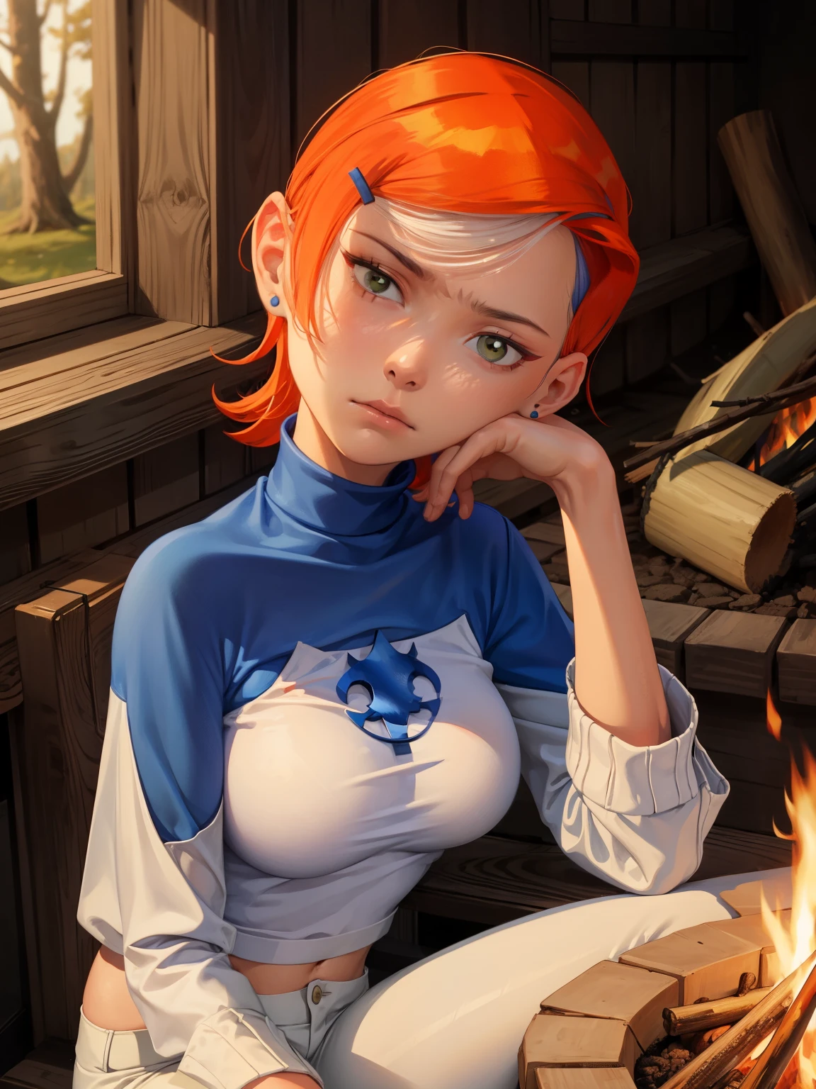 A woman with red hair sitting in front of a fire - SeaArt AI