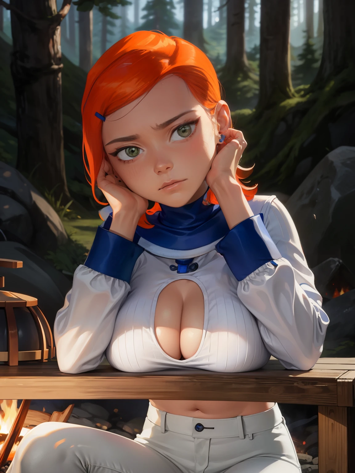 masterpiece, best quality, Gwendolyn_Tennyson, 1girl, solo, white pants, long sleeves , sitting, campfire, warm lighting , hand on own face , annoyed, head tilt, looking to the side, gigantic breasts, breast focus,  boob window, bare breasts 