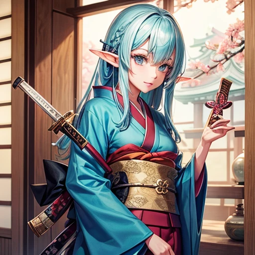 Adult elf wearing a kimono Holding a Japanese sword Glaze-colored hair