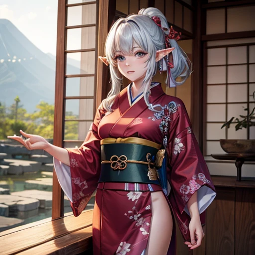 Adult elf wearing a kimono Holding a Japanese sword Glaze-colored hair