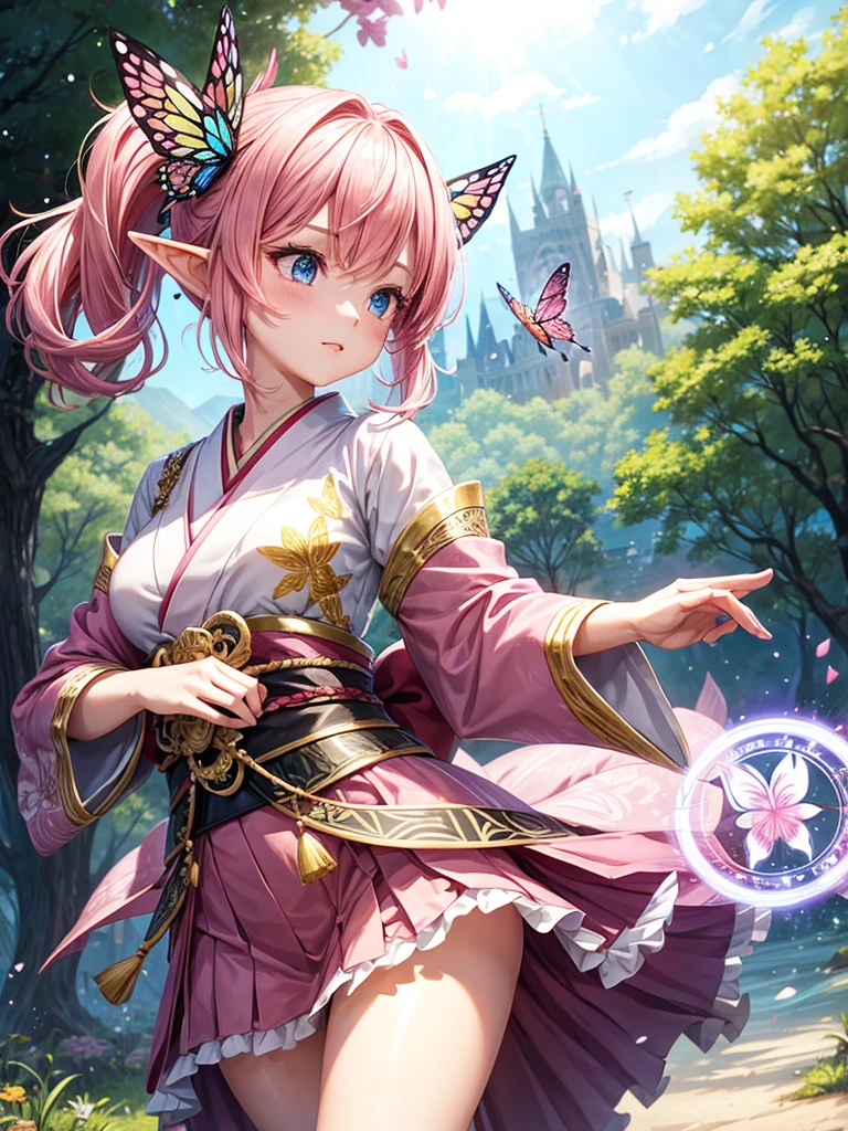a girl,pink hair,Elf,kimono,Short skirt,Butterfly wings,Sexy,magic circle,combat moves,Rendering,best picture