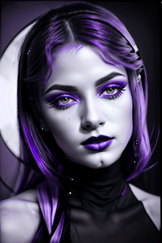 Very sexy girl, Alex Moins, Detailed lips, detailed eyes, detailed eyelash, detailed face, cheveux violet, visage de séduction, ((violet make-up)), photo du milieu du corps, ((porter un costume)),(( Une cravate violette, photo noir et blanc et violet, only black and white and purple photo)), (((photo noir et blanc et violet, only black and white and purple photo, purple only on iris and make-up and hair)))