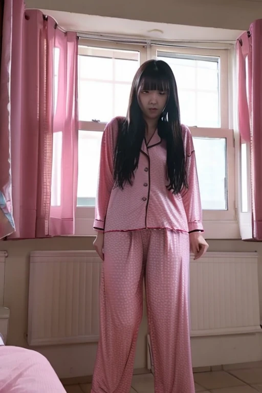 Chinese Girl thin body sees the ghost and pees her pink lose pajama pants until his pants are wet pants in fright.