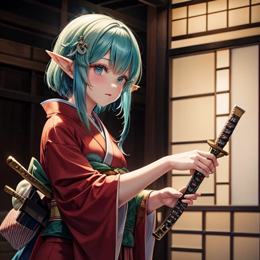 Adult elf wearing a kimono　Holding a Japanese sword　Glaze-colored hair