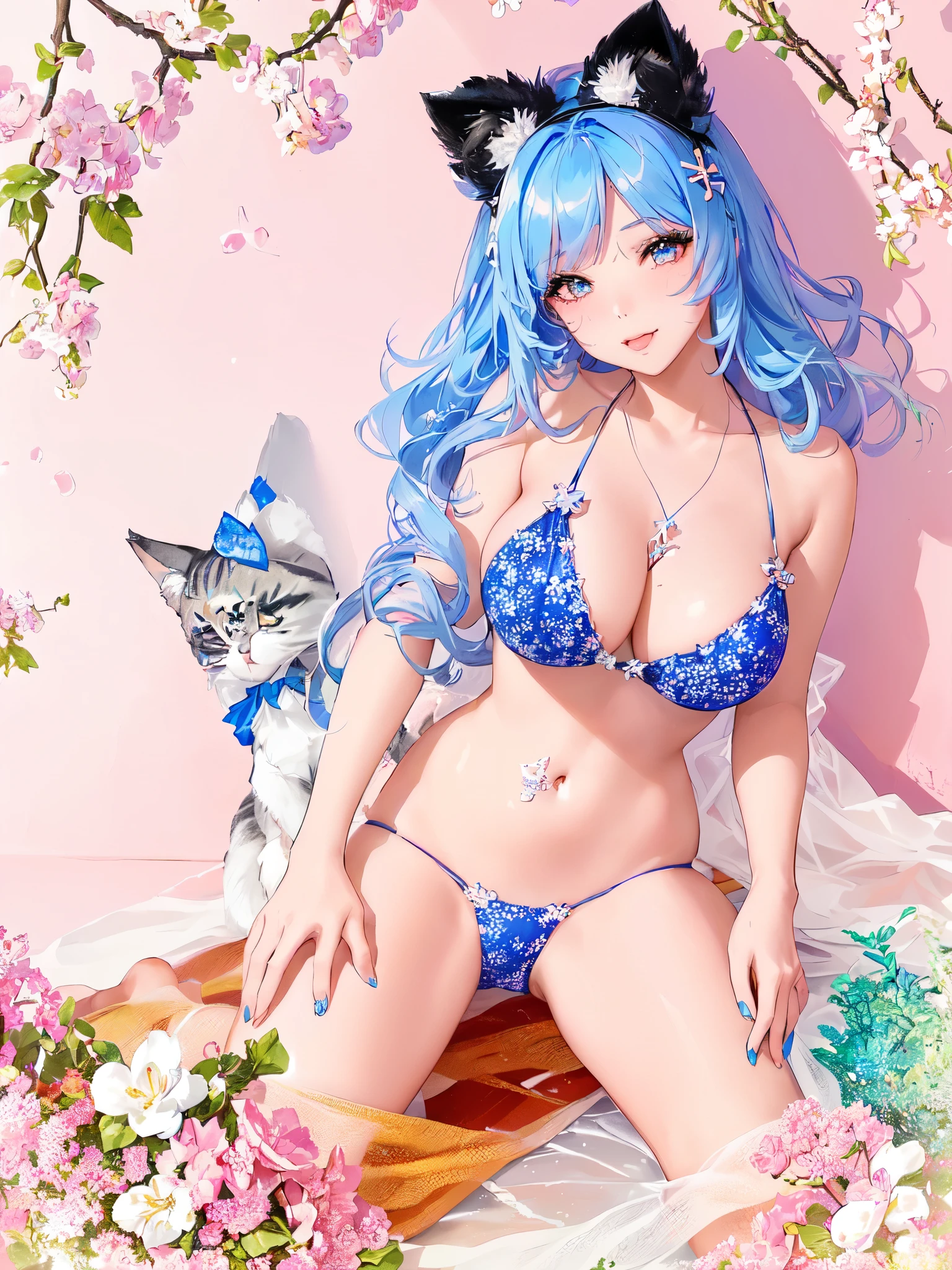 there is a woman in a bikini and cat ears posing, ultrarealistic sweet bunny girl, sfw version, attractive cat girl, beautiful blue haired girl, very beautiful cute catgirl, with blue skin, ahegao, trending on cgstation, seraphine ahri kda, trending at cgstation, beautiful young catgirl, skydoll noa, e - girl