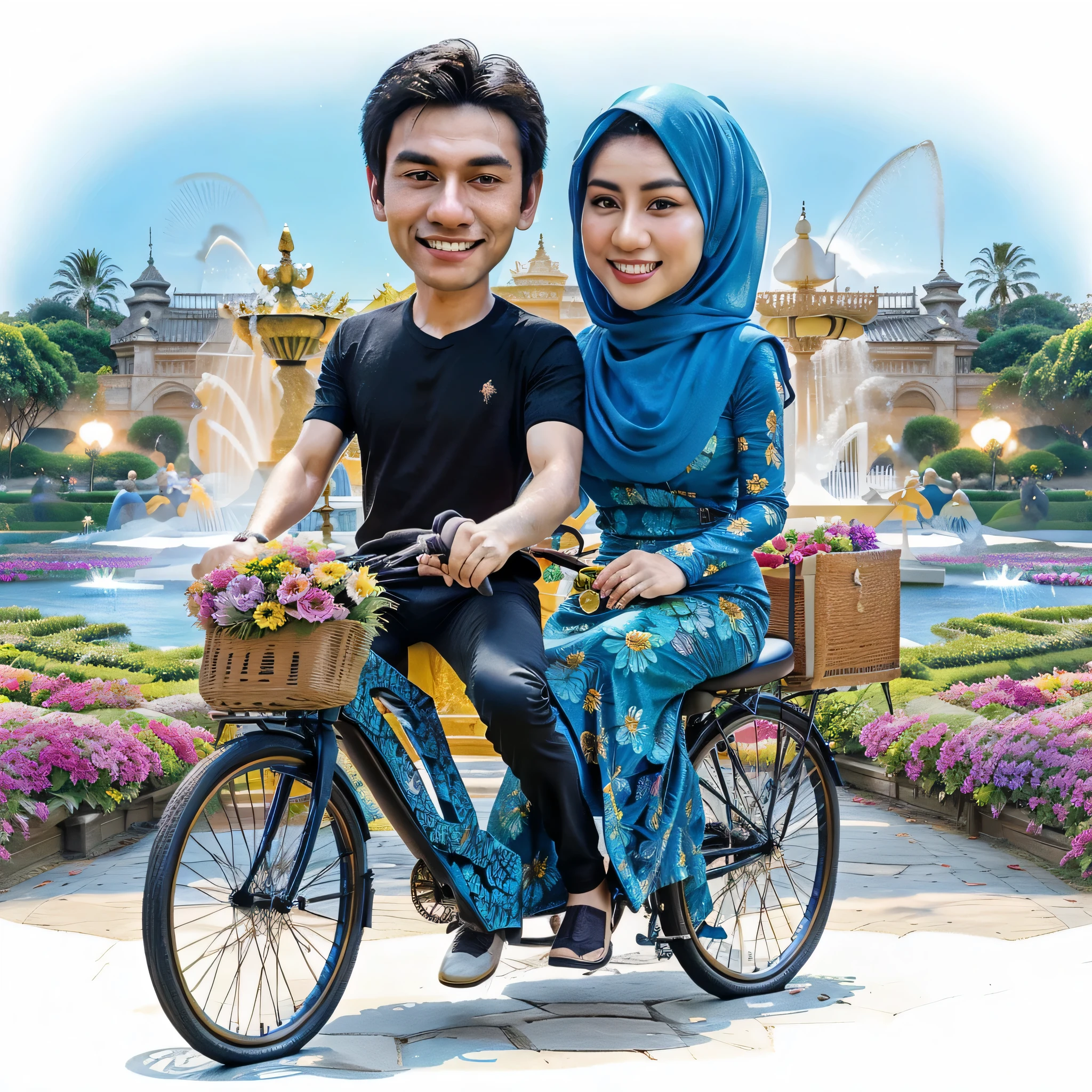 Caricature of a young man wearing a black t-shirt and an Indonesian woman wearing a blue hijab in a beautiful dress riding a unique bicycle in front of an elegant garden background, full of colorful flowers and a large fountain. The image style is modern and cool, with fine details and bright lighting