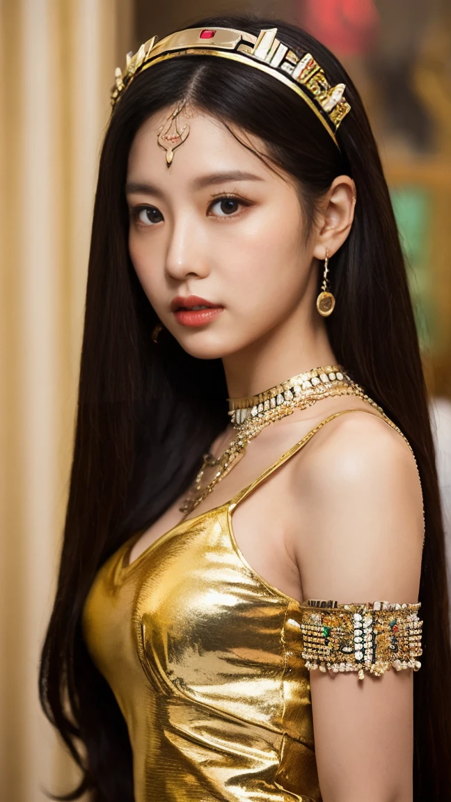 Egypt、Cleopatra、Wear colorful, extravagant clothing、Open chest、I'm not wearing anything underneath、See-through、Legs wide open、squat、Full Body Shot、20th Ayaka、NiziU AYAKA、 4K、1People Women、slender、 Loose, wavy styling 、Fascinating and attractive、Including the texture of the face and skin.,Detailed eyes