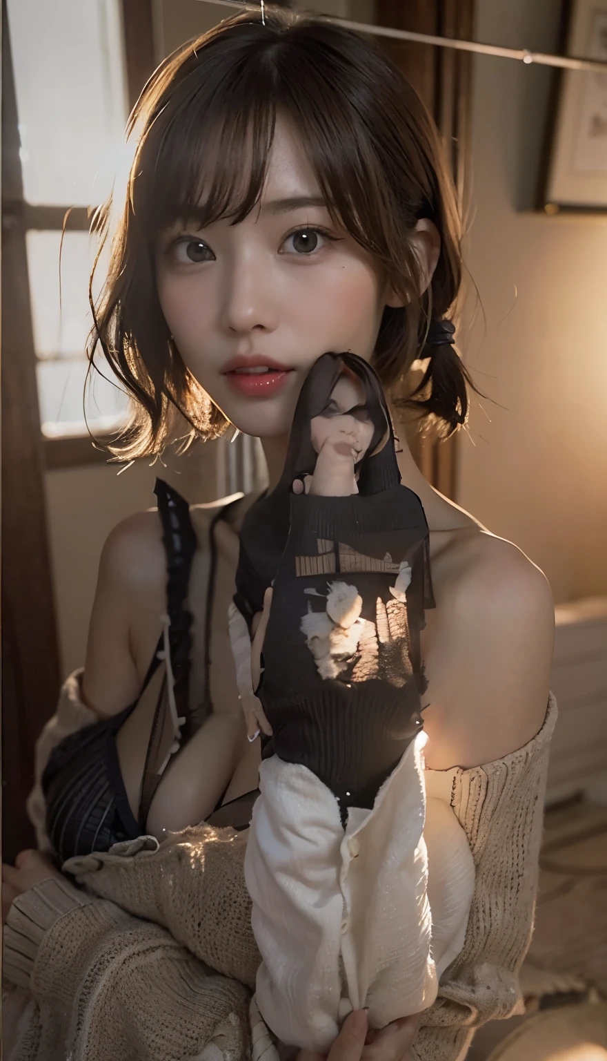 (masterpiece:1.3), (8K, Photorealsitic, Raw photography, Top image quality: 1.4), Japan high school girls、(Random hairstyles:1.2)、cleavage of the breast:1.2、Super Detail Face、Eye of Detail、double eyelid、Bring your chest together、sharp focus:1.2、prety woman:1.4、light brown hair、top-quality、masterpiece、超A high resolution、(Photorealsitic:1.4)、Highly detailed and professional lighting smile、Loose and light knitwear、Shoulder out、slender、serious facial expression、short-haired、Fatal position