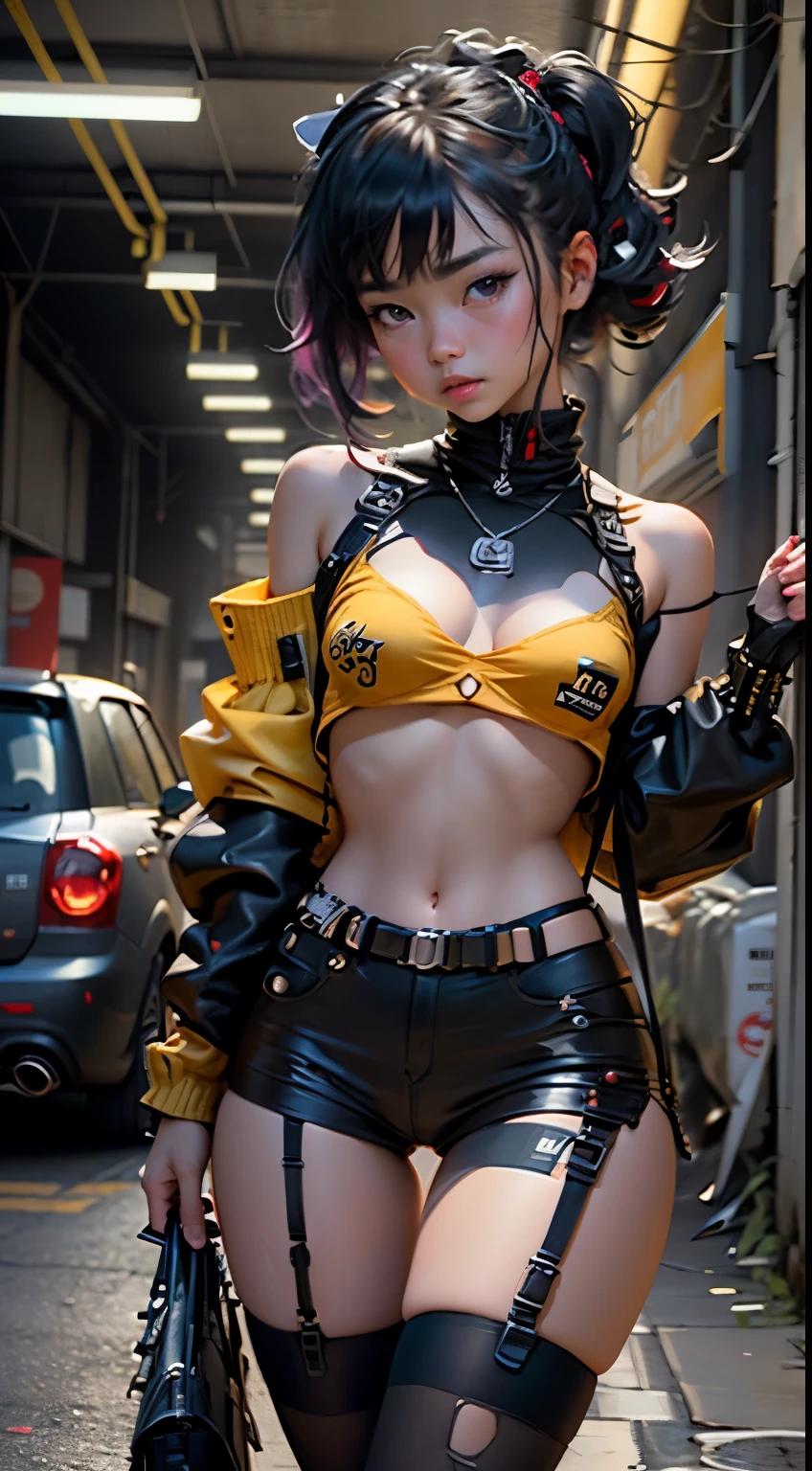 motor irreal:1.4,CG ultra realista 64K, fotorrealista:1.4, textura de la piel:1.4, obra maestra:1.4,asian girl lingeries  babydoll、Ropa corta estilo cyberpunk color amarillo, pantimedias red , Mini falda azul,