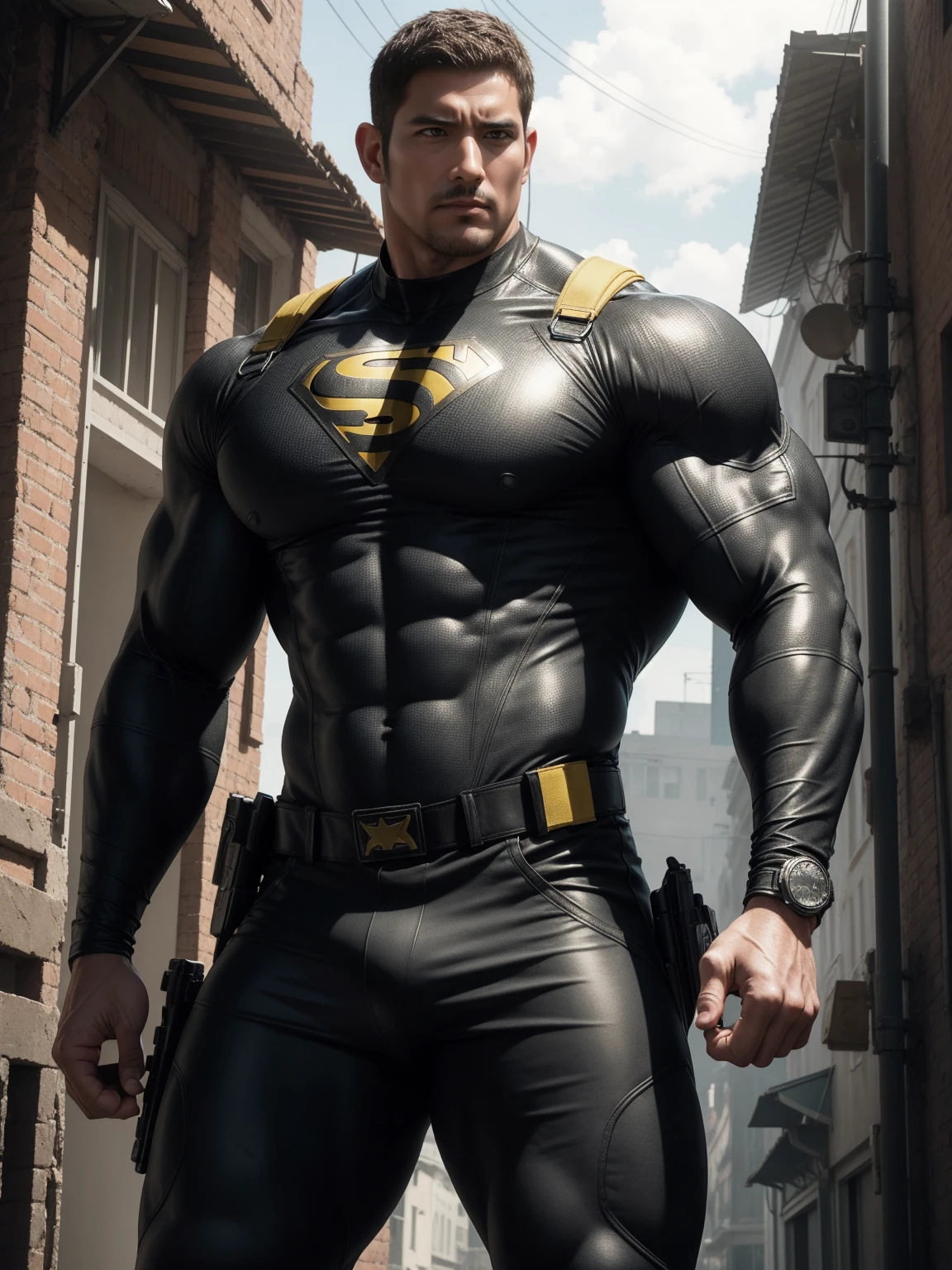 Angry super muscular man,  Buzz Cut，On the old-style outdoor street under the hot sun, Wear a long-sleeved Dark Yellow superhero bodysuit, Mud wrapped body，Clothes are very dirty with mud stains，The expression is arrogant, Thick thighs, Messy hair, Thick thighs, High collar, long sleeves, Dark Yellow superhero bodysuit, very tight, Regular symmetrical pattern, Highlight muscles, Police uniform pants, character concept（Resident Evil - Chris Redfield, Chris Redfield）A proud expression, Deep and charming eyes, Heroic male pose, tall Burly, muscular！muscular thighs, tough guy, perfect facial features, High, Burly, Heqiang, Super polished and cool, High Resolution Committee, Charismatic, The sun is blazing, dazzling