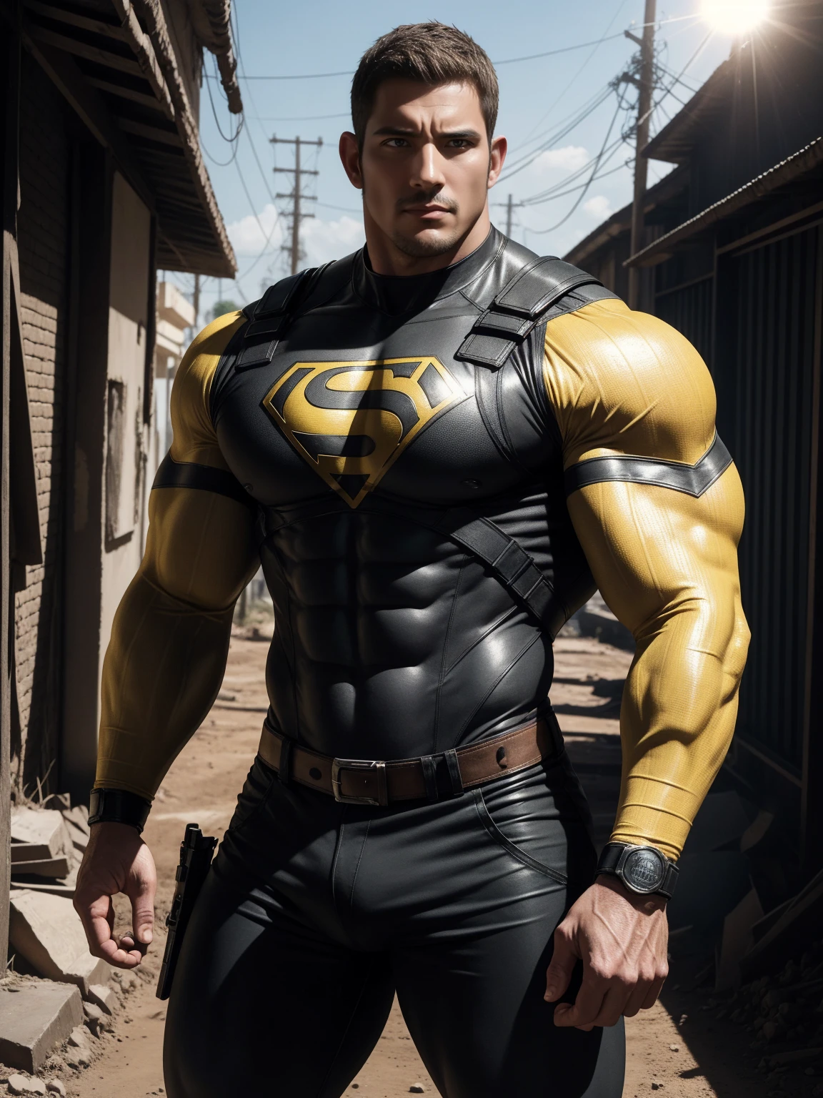 Angry super muscular man, Buzz Cut,On the old-style outdoor street under the hot sun, Wear a long-sleeved Dark Yellow superhero bodysuit, Mud wrapped body,Clothes are very dirty with mud stains,The expression is arrogant, Thick thighs, Messy hair, Thick thighs, High collar, long sleeves, Dark Yellow superhero bodysuit, very tight, Regular symmetrical pattern, Highlight muscles, Police uniform pants, character concept(Resident Evil - Chris Redfield, Chris Redfield)A proud expression, Deep and charming eyes, Heroic male pose, tall Burly, muscular!muscular thighs, tough guy, perfect facial features, High, Burly, Heqiang, Super polished and cool, High Resolution Committee, Charismatic, The sun is blazing, dazzling