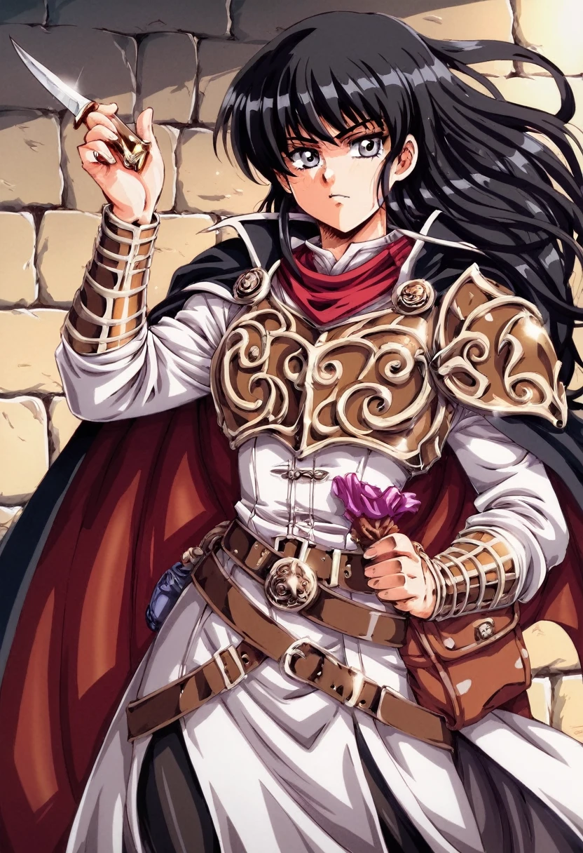 (Yag:1.1), score_9, score_8_superior, score_8, sauce_anime, 80s anime style,Fantasy Theme, Lord of the Ring , Black Hair, Long Hair, In the dungeon, One girl , teenager , Wizard , magician , Long Robe, breastplate , Cape , bandana, Grey Eyes, Dagger on hip, Belt Bag, Confident expression, Dynamic pose, Rusty treasure chest, Stone wall, dark , Black Hair, Long Hair, Cape, Black Cape, Light metal armor , Evil look , Evil expressions , Hall body , Light Armor , Grey Eyes