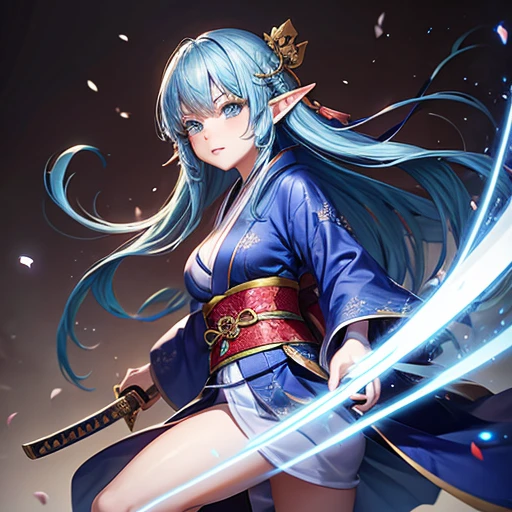 An adult elf with sapphire hair and wearing a kimono holding a Japanese sword