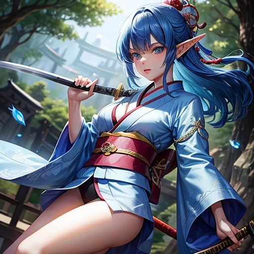 An adult elf with sapphire hair and wearing a kimono holding a Japanese sword　　