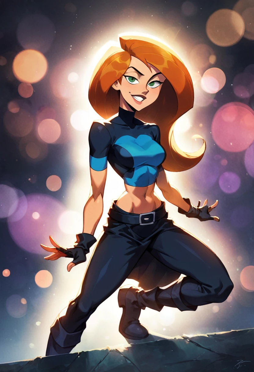 score_9, score_8_up, score_7_up, score_6_up, score_5_up, (high quality, detailed, beautiful), detailed soft lighting, rating_explicit, 1girl, (Kim Possible, orange-red hair:1.5), (black biker jacket over black crop top:1.1), (black leather mini skirt:1.2) night, New York street after rain, neons, looking sexy, beautiful eyes, open eyes, smiling, (full body portrait:1.2), sharp focus, portrait, studio lighting, bokeh, (masterpiece, best quality), (high resolution), perfect face, flawless, professional artwork, artstation, cinematic lighting, beautiful face, beautiful eyes, large eyes, bright eyes, beautiful smile, perfect hands, anatomically correct, perfect anatomy.