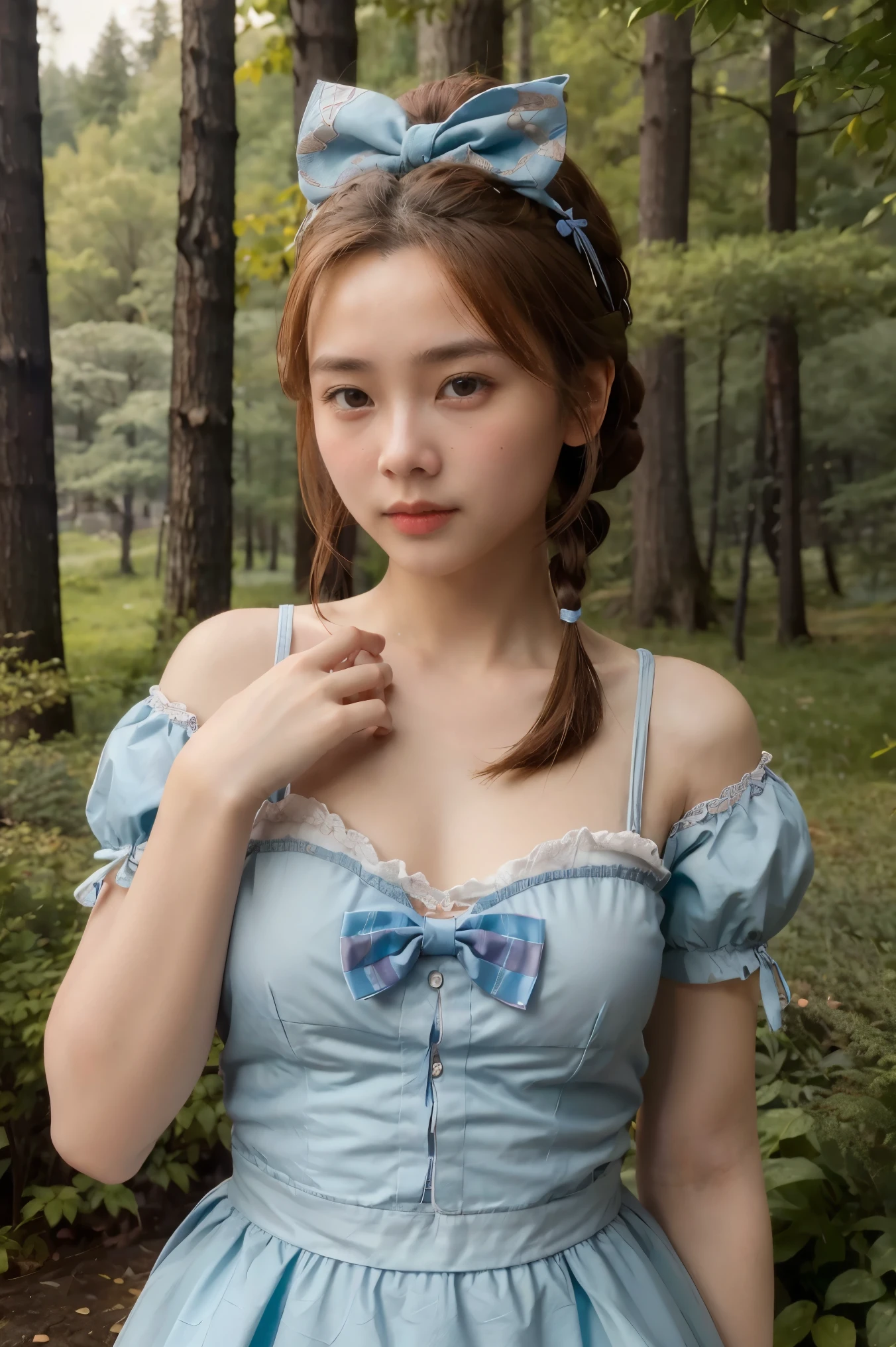 1girl, masterpiece, best quality, 8k, detailed skin texture, detailed cloth texture, beautiful detailed face, intricate details, ultra detailed, Alice in Wonderland, (a bow on her head:1.1), upper body