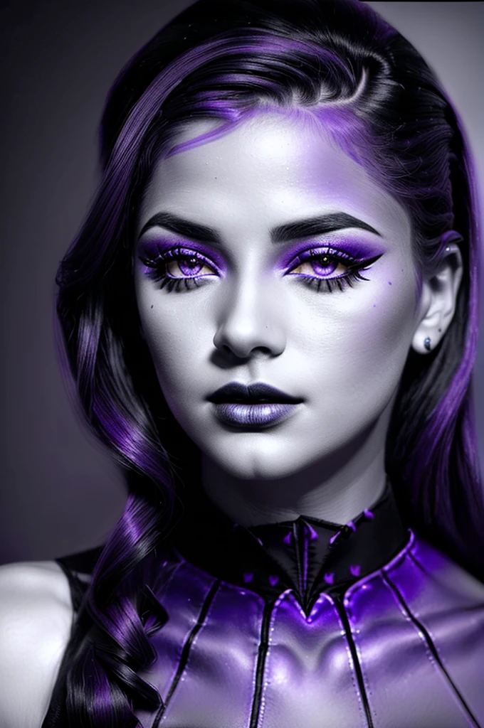 Very sexy girl, Detailed lips, detailed eyes, detailed eyelash, detailed face, cheveux violet, visage de séduction, ((violet make-up)), photo du milieu du corps, ((porter un costume)),(( Une cravate violette, photo noir et blanc et violet, only black and white and purple photo)), (((photo noir et blanc et violet, only black and white and purple photo, purple only on iris and make-up and hair)))