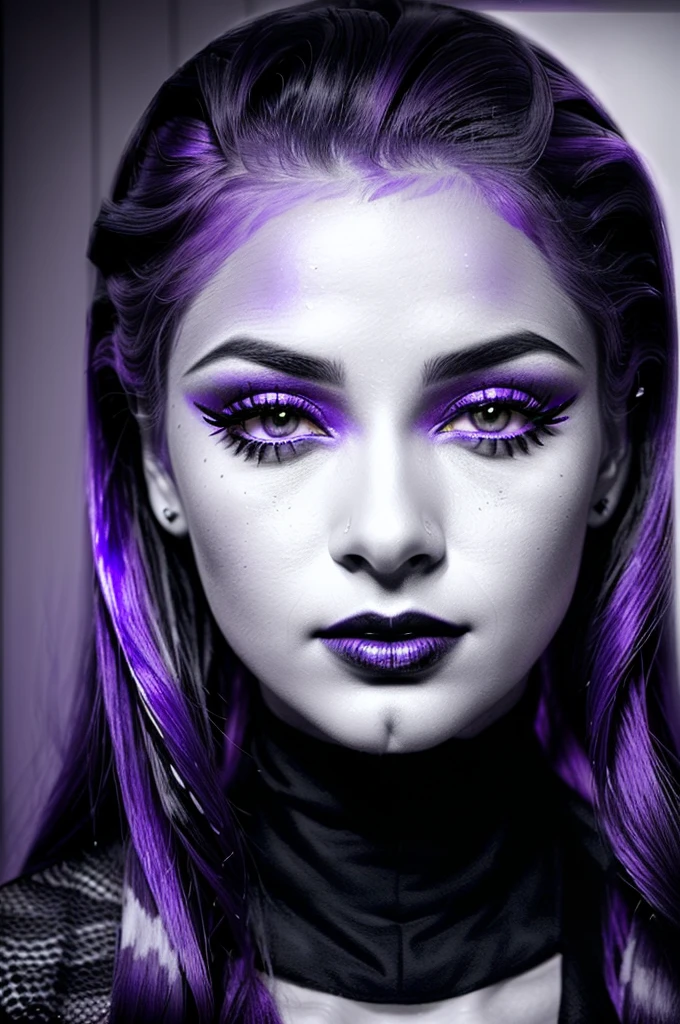 Very sexy girl, Detailed lips, detailed eyes, detailed eyelash, detailed face, cheveux violet, visage de séduction, ((violet make-up)), photo du milieu du corps, ((porter un costume)),(( Une cravate violette, photo noir et blanc et violet, only black and white and purple photo)), (((photo noir et blanc et violet, only black and white and purple photo, purple only on iris and make-up and hair)))