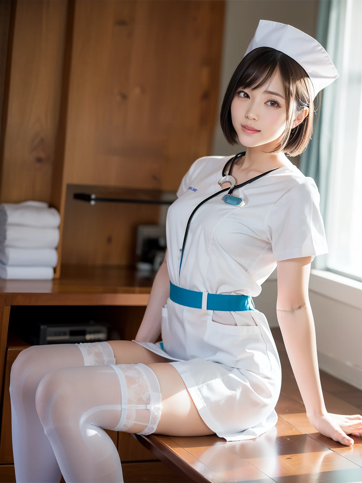 Highly detailed CG Unity 8K wallpaper、highest quality、super detailed、master masterpiece、realistic、Photoreal、1 girl、Highly detailed beautiful girl、I'm a little fat、20's、white nurse uniform、white mini skirt、(((Lifting nurse clothes yourself)))、(I lifted it myself)、Focused on panties、Huge 、short bob cut、The shape of the pubic bone is clearly visible、small underwear、nurse cap、Stethoscope、squat、angle from below、Angle from directly below、on the bed、laughter