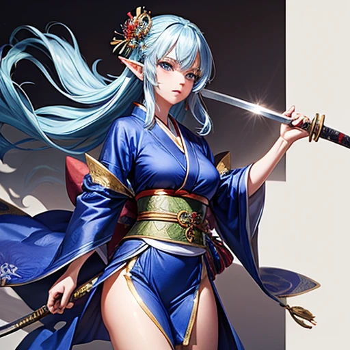 An adult elf with sapphire hair and wearing a kimono holding a Japanese sword　A detailed drawing of a Japanese sword　　